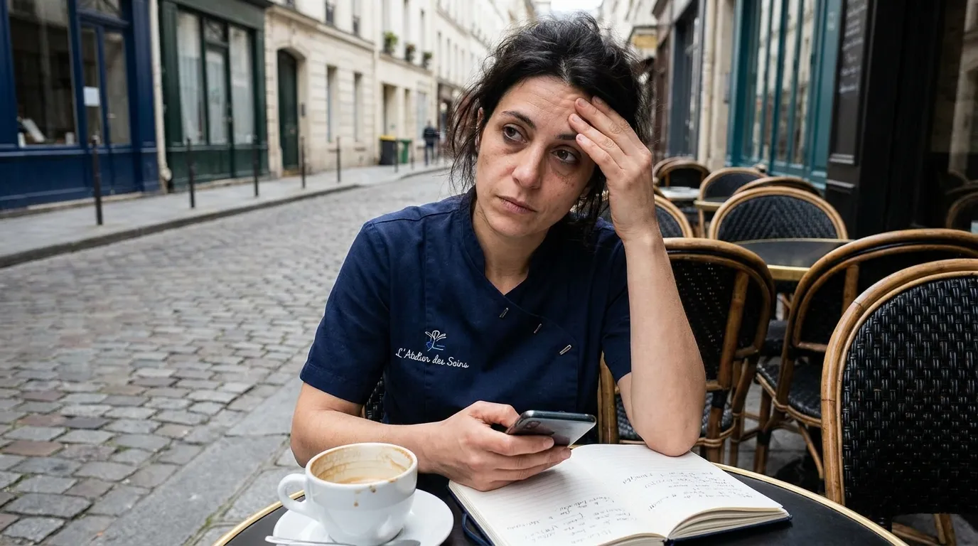 Professionnelle de la beauté fatiguée, café à la main, devant son téléphone