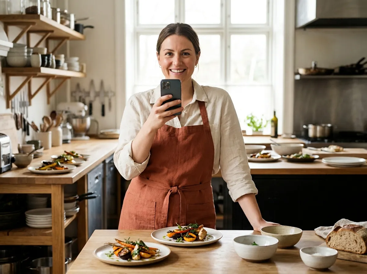 Pro des métiers de bouche souriant avec son téléphone devant ses plats
