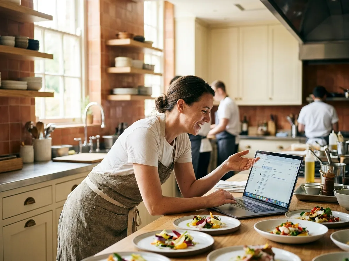 Pro des métiers de bouche souriant dans sa cuisine, satisfait de ses résultats