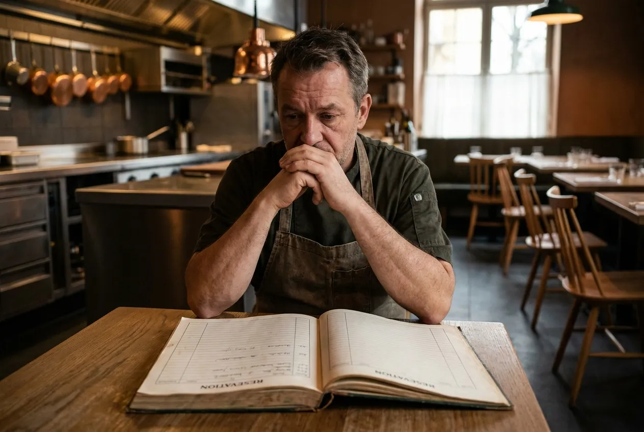 Chef regardant un plan de travail et un carnet de commandes presque vide