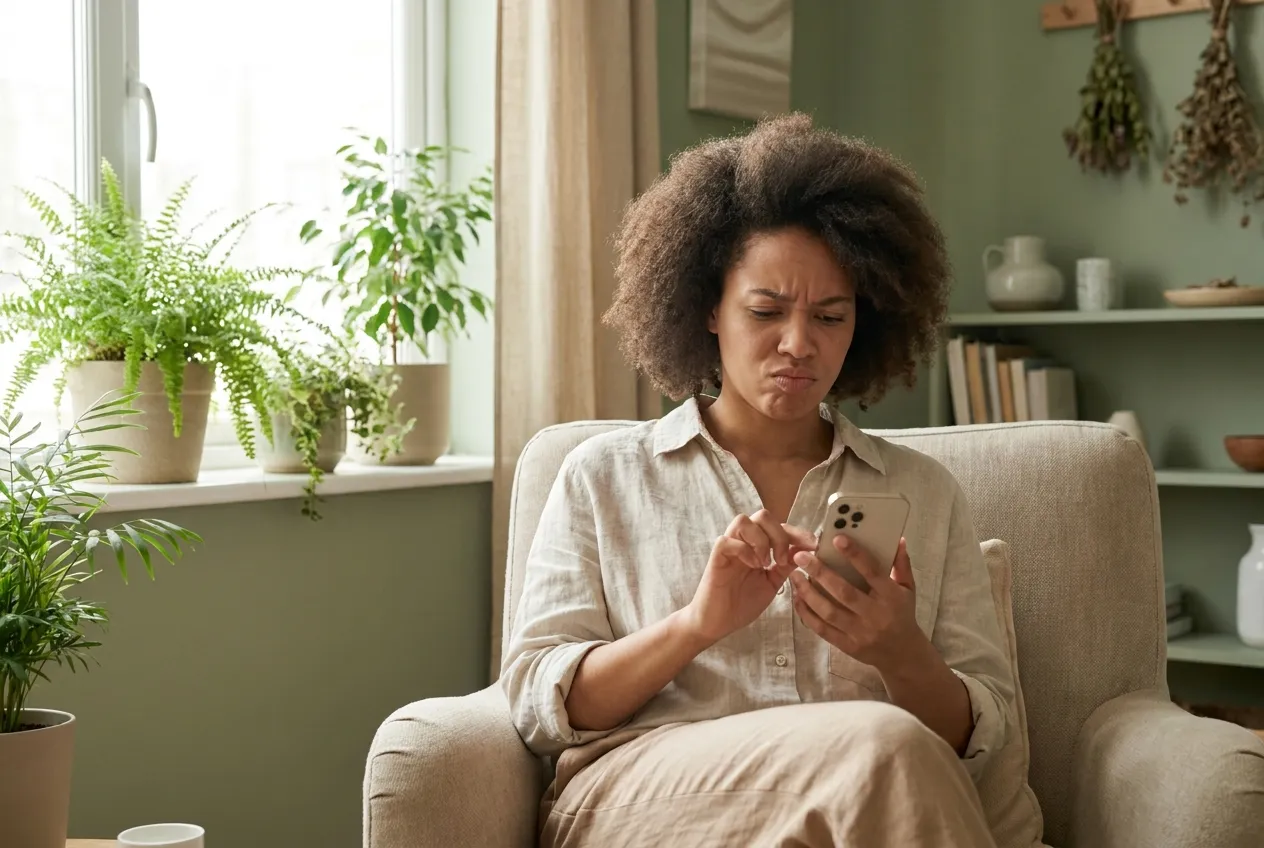 Praticien du bien-être hésitant devant son téléphone, sans idée de publication