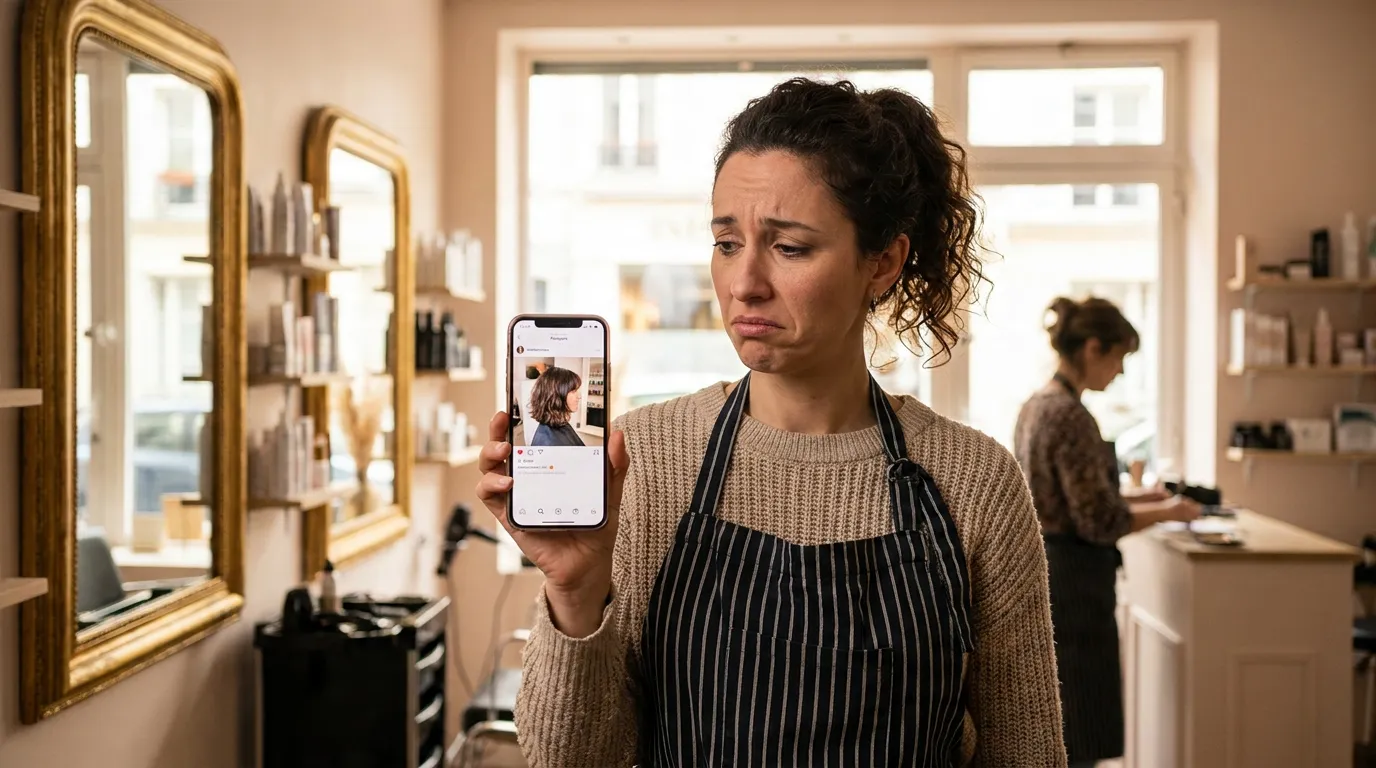 Professionnelle de la beauté regardant son téléphone avec peu de likes