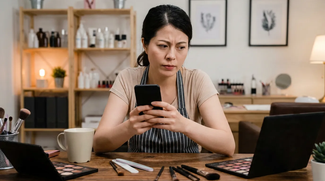 Professionnelle de la beauté devant son téléphone ne sachant pas quoi publier