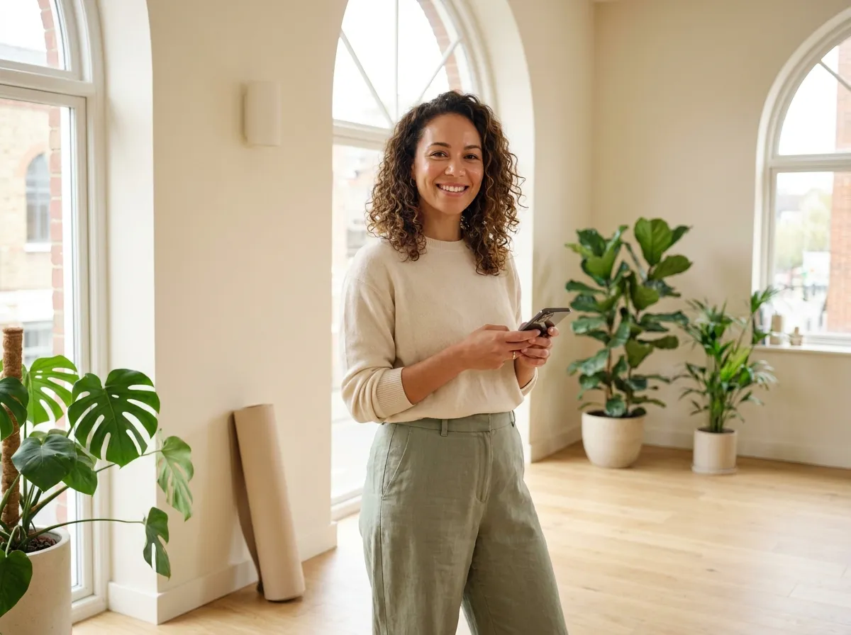 Praticien du bien-être confiant avec son téléphone dans un studio lumineux