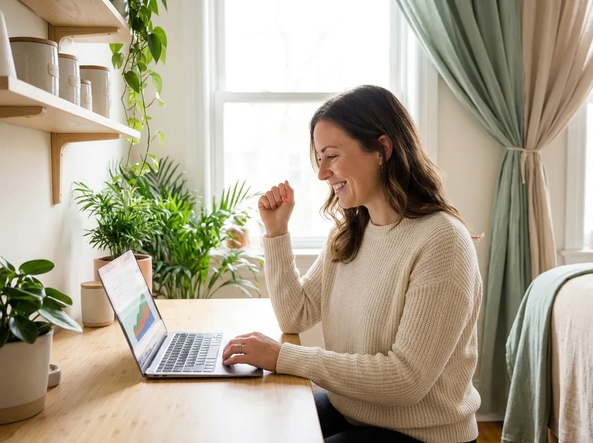 Praticien du bien-être souriant devant son ordinateur, satisfait de ses résultats