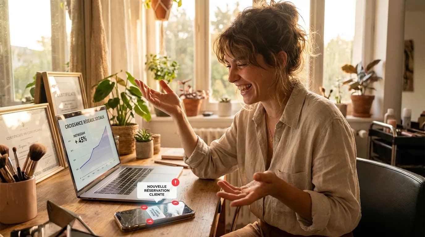 Professionnelle de la beauté souriante devant son ordinateur portable, satisfaite de ses résultats
