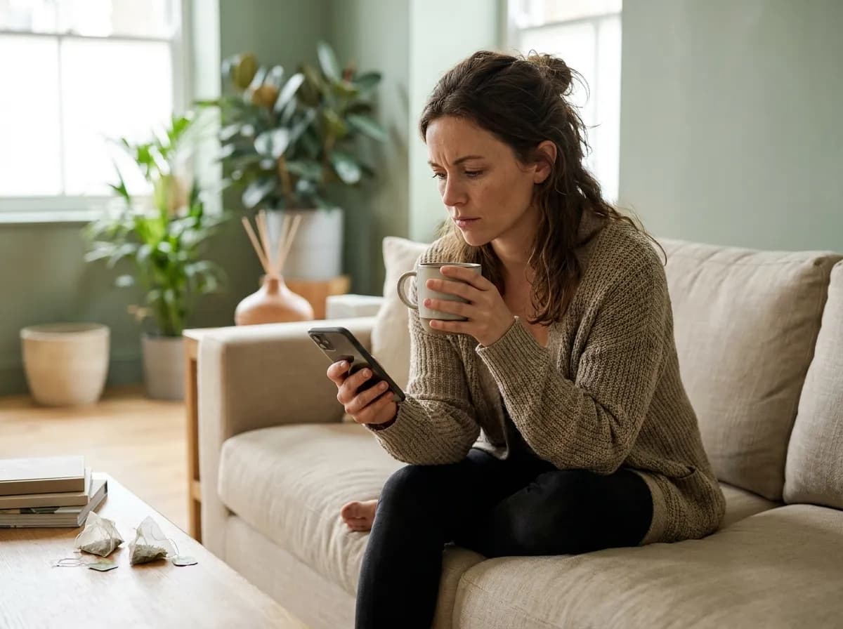 Praticien du bien-être pensif, une tasse à la main, devant son téléphone