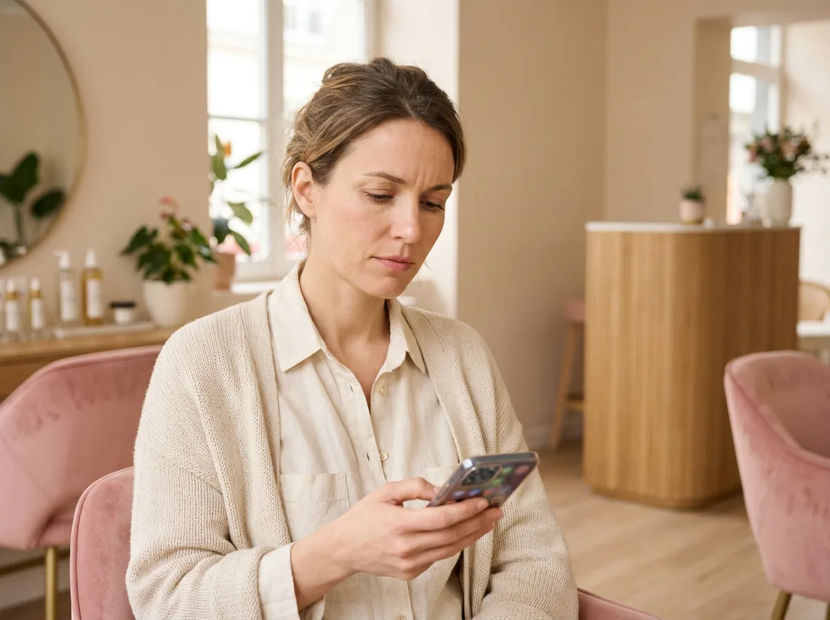 Esthéticienne dans son salon, smartphone à la main, le regard préoccupé devant ses réseaux sociaux